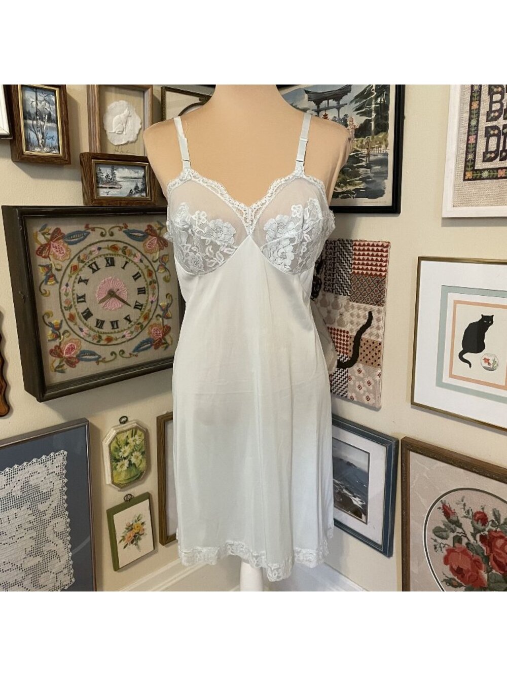 50s Vintage Gossard Artemis Blue Nylon Slip Dress with Lace Bust Size 36 Short